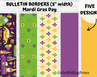 May include: Five Mardi Gras themed bulletin board borders, each 3 inches wide. The designs include a purple border with a repeating pattern of a Mardi Gras parade float, a green border with a repeating pattern of purple stars, a yellow border with a repeating pattern of purple fleur-de-lis, a solid purple border, and a solid yellow border.