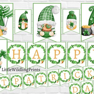 Pode incluir: Faixa imprimível do Dia de São Patrício com grinaldas de trevo verde e letras douradas que soletram "Feliz Dia de São Patrício". A faixa também apresenta gnomos com chapéus verdes e segurando trevos, balões e um pote de ouro.