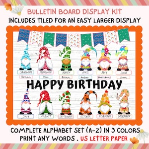 Fun Birthday Gnomes Bulletin Board, Season Theme Birthday Display Kit, Custom Any Words Printable Classroom Decor, Door Kit Gnomies