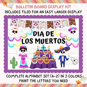 Kit de tablón de anuncios del Día de los Muertos, tablón de anuncios del Día de los Muertos con esqueletos de México, decoración imprimible para el aula del maestro, kit de puerta de noviembre