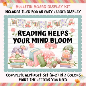 Reading Gnomes Bloom Bulletin Board Kit, Books Library Floral Gnomies Theme, Teacher Classroom Printable Decor