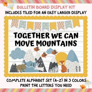 Together Move Mountains Bulletin Board Kit, Boho Animals Positive Mindset Display Kit, Custom Words Printable Class Decor Door Kit