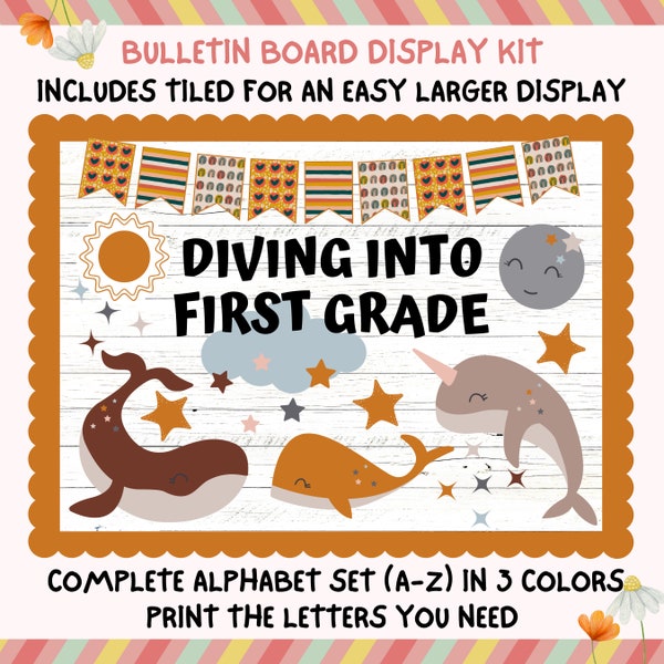 Boho Diving Into Class Whales Bulletin Board Kit, Back To School Display Kit, Custom Any Words, Printable, Ocean Classroom Decor Door Kit