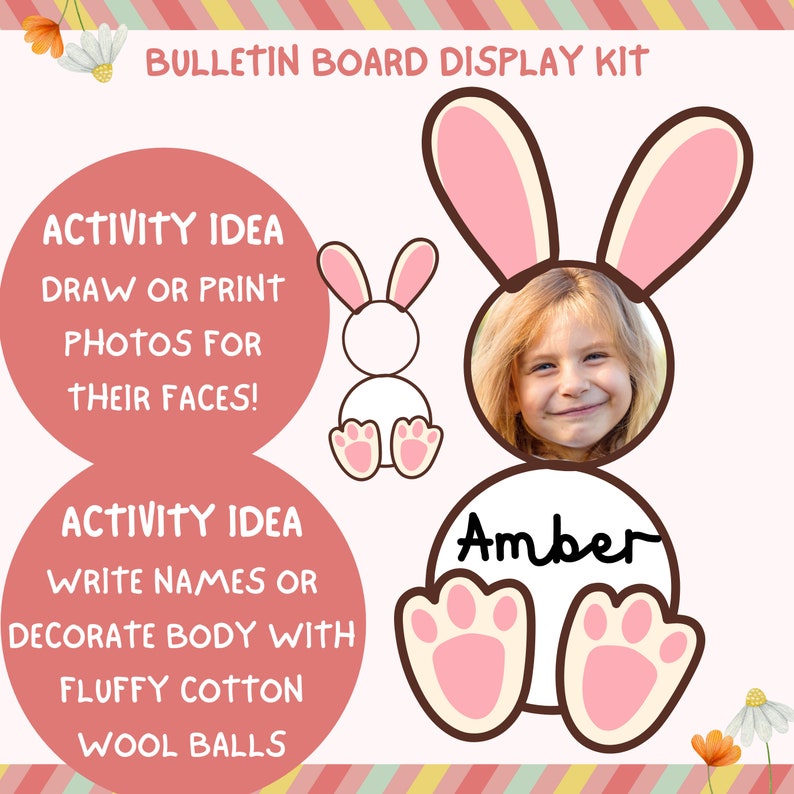 May include: A printable bulletin board display kit featuring a pink bunny rabbit with a circle for a face. The bunny has a brown outline and pink paw prints. The text "Amber" is written on the bunny's body. The kit includes instructions for two activities: draw or print photos for the bunny's face and write names or decorate the bunny's body with fluffy cotton wool balls.