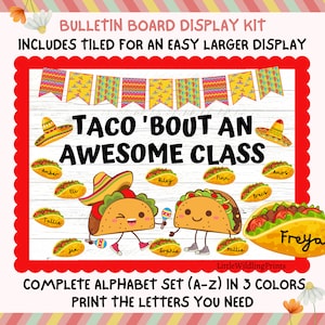 Taco Bulletin Board Kit, Mexican Fiesta, Taco Class Name Tags, Taco Sombrero Class Display, Staff Class Shout outs