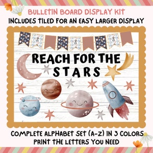Reach For The Stars Bulletin Board Display Kit Custom Any Words Printable Classroom Decor Door Kit Space Rocket Planets April May June