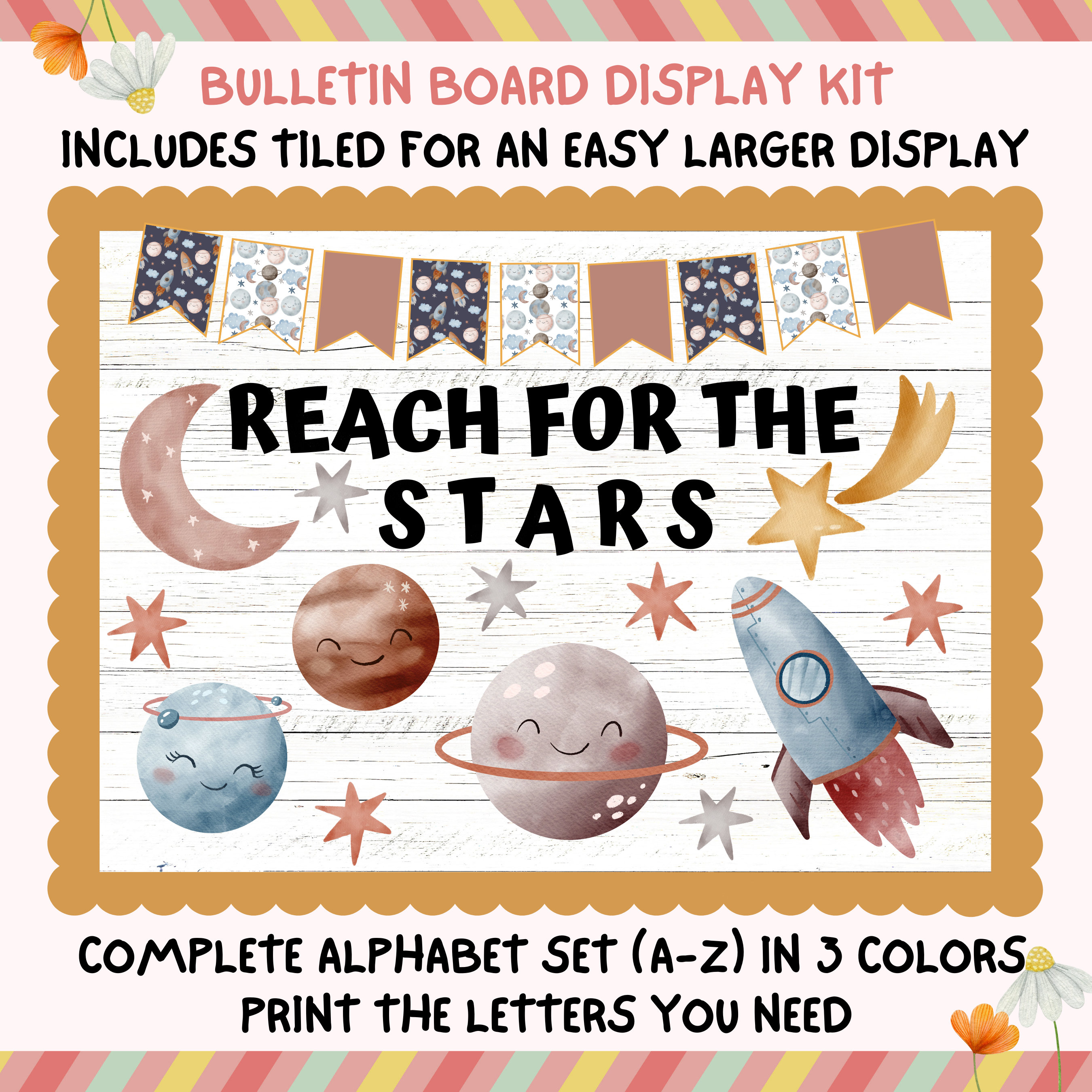 Reach For The Stars Bulletin Board Display Kit Custom Any Words Printable Classroom Decor Door Kit Space Rocket Planets April May June