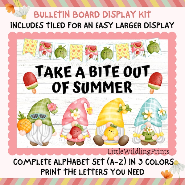 Sweet Fruit Summer Gnomes Bulletin Board Display Kit Custom Any Words Printable Classroom Decor Door Kit June July August