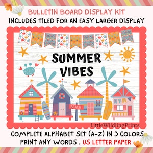 Summer Vibes Beach huts Bulletin Board Display Kit Custom Any Words Printable Classroom Decor Door Kit June July August