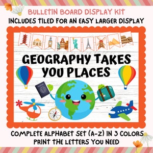 Geography Takes You Places Bulletin Board Kit, Travel Explore Countries World Adventure Theme, Teacher Classroom Printable Decor