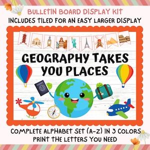 Geography Takes You Places Bulletin Board Kit, Travel Explore Countries World Adventure Theme, Teacher Classroom Printable Decor