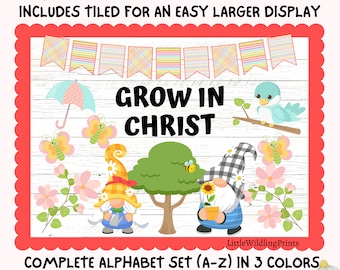 May include: A bulletin board display kit with the words "Grow in Christ" in a colorful spring theme. The kit includes a complete alphabet set in three colors, with gnomes, butterflies, flowers, and a bird.