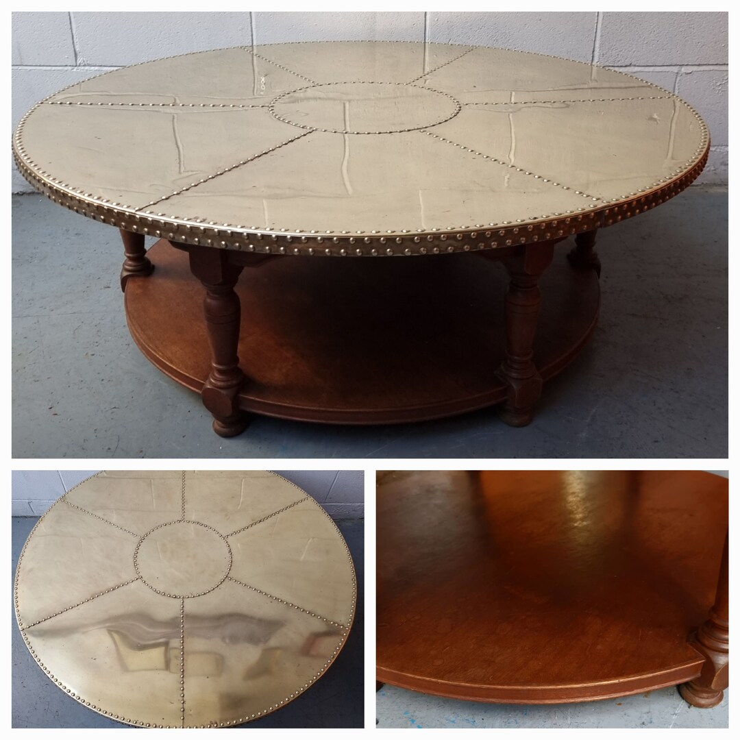 Large Round Vintage Brass Top Coffee Table With Shelf 120 Cms Etsy UK