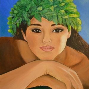Rosto havaiano com pintura a óleo Haku, arte tropical, impressão 8x10, dupla camada 11x14