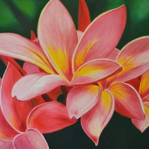Plumeria rosa, pintura a óleo, arte tropical, impressão 8x10, dupla camada 11x14, pintura havaiana