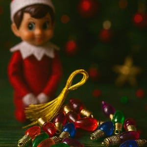 May include: A festive scene featuring a red-suited elf doll with a white collar and hat, surrounded by colorful Christmas lights. The lights are in various colors, including red, green, blue, and yellow, with gold-colored bases.