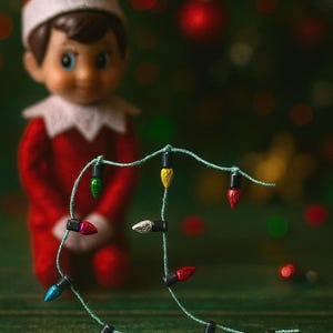 May include: A Christmas elf doll in a red suit and hat with a white collar, holding a string of colorful Christmas lights. The lights are red, yellow, green, blue, and silver. The background is a blurred Christmas tree.