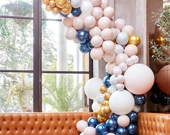 The arch of navy blue peach and gold balloons in latex and mylar / for Wedding / Baby shower / Birthday