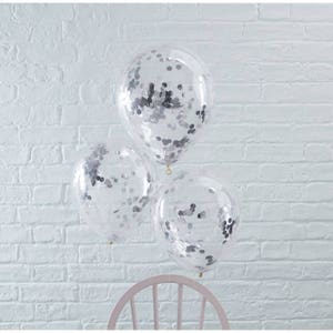 Silberne Konfettiballons / 30 cm / 5 Stück / Aufblasen mit Luft oder Helium