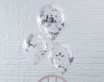 Silver confetti balloons / 30 cm / sold by 5 / Air or helium inflation