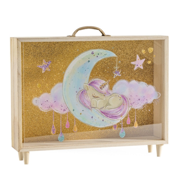 La valise tirelire licorne en bois et verre