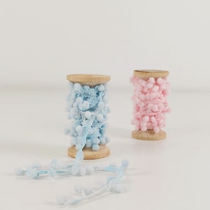 Puede incluir: Dos carretes de ribete de pompón, uno azul claro y otro rosa, sobre una superficie blanca.