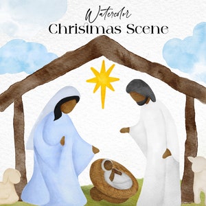 Christmas Scene Clipart - Christmas Nativity Clipart Dark Skin - Watercolor Christmas Nativity Black - Mary Joseph Baby Jesus