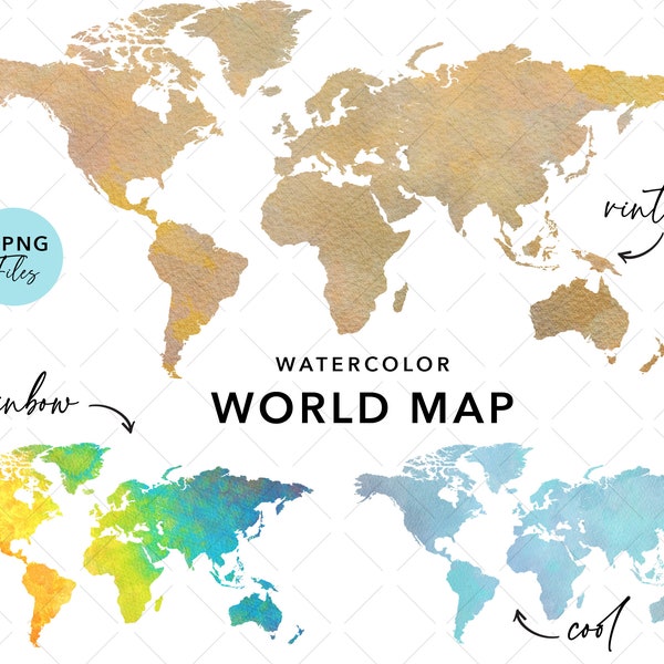 Watercolor World Map Clipart - Vintage world map clipart - Rainbow world map - INSTANT DOWNLOAD - Digital Wreath