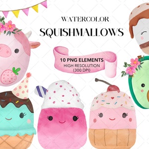 Squishmallows Watercolor Clipart - Squishy Animals Clipart - INSTANT DOWNLOAD - Watercolor Nursery clipart