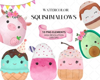 Squismallows aquarel Clipart - Squishy dieren Clipart - INSTANT DOWNLOAD - aquarel kwekerij clipart