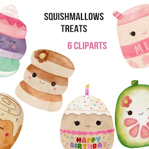 以下が含まれることがあります： 6つの愛らしいSquishmallows Treatsをフィーチャーした水彩クリップアートセット。お菓子には、重ねられたデザート、クッキーの山、シナモンロール、牛乳パック、ろうそく付きのカップケーキ、ライムのスライスが含まれます。「Squishmallows Treats」と「6 Cliparts」というテキスト。