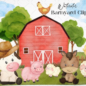 May include: Watercolor clipart featuring a red barn with a white X on each side, a brown cow with a cowboy hat, a pink pig, a brown horse, two white sheep, and a yellow chick. The background is a watercolor wash of blue and green.