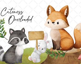 Watercolor Woodland Animals Clipart – 17 PNG Elements (Instant Download)