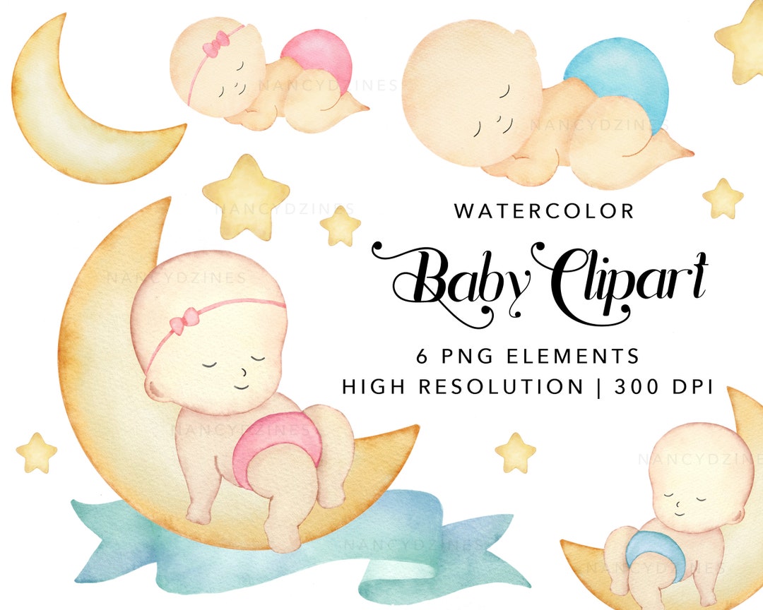 Watercolor Sleeping Baby Clipart – Moon & Stars PNG Elements (digital ...