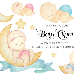 Baby Clipart - Aquarel Baby Clipart Elementen - Leuke Slapende Baby - Baby Meisje - Baby Jongen - Set van 6 PNG Elementen - INSTANT DOWNLOAD