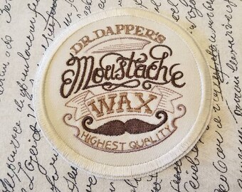 Dr Dappers Moustache Wax Patch: Embroidered Iron-On Applique