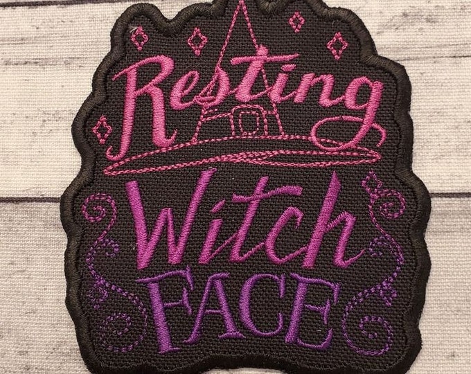 Resting Witch Face Patch: Embroidered Iron-On Applique, Made In USA