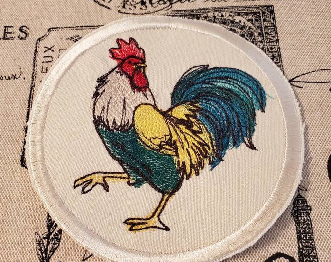 French Rooster Iron-On Patch: Gallic Painterly Applique, Made In USA