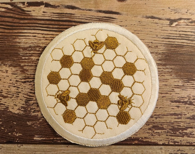 Gilded Honeycomb Patch, Honeycomb, Patch, Iron On Patch, Sew On Patch, Bee, Bee Patch, Handmade, Made In USA, Embroidered, Gilded Bee Patch