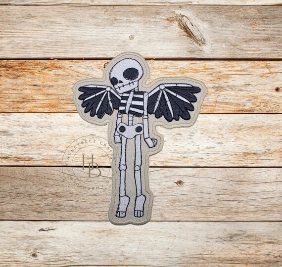 Winged Skeleton Patch: Embroidered Applique - Iron On or Sew On