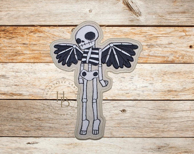 Winged Skeleton Patch: Embroidered Applique - Iron On or Sew On