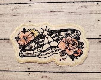 Emperor Moth Embroidered Patch, Floral Applique, Iron On / Sew On