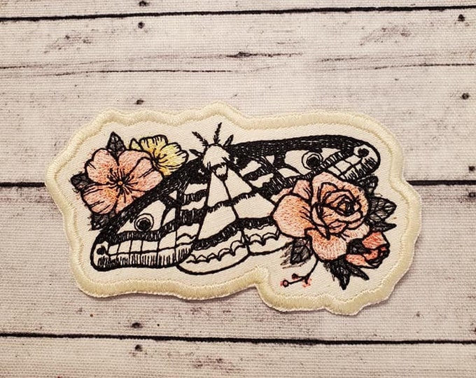 Emperor Moth Embroidered Patch, Floral Applique, Iron On / Sew On