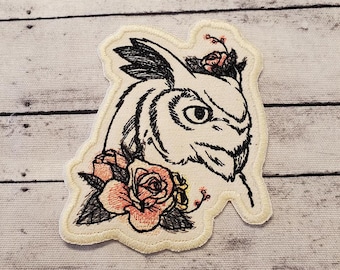 Floral Owl Embroidered Patch, Iron On Applique, USA Made