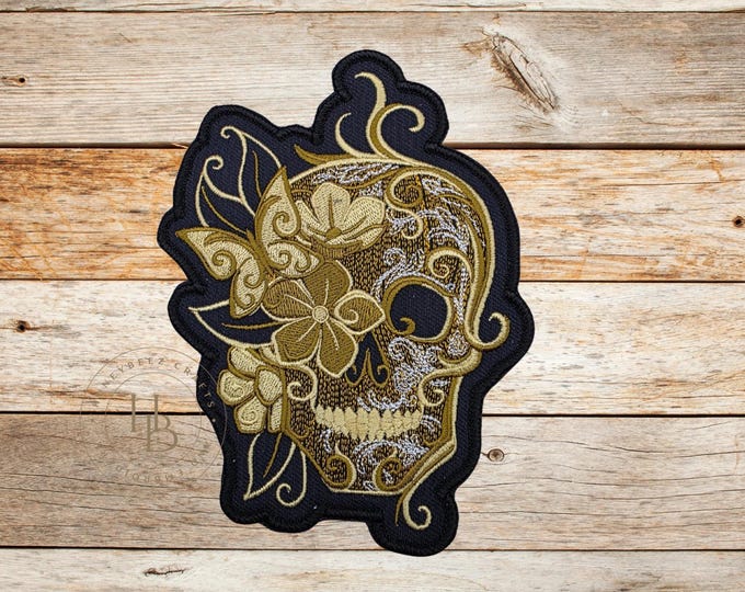 Floral Skull Embroidered Patch: Handmade Iron-On Applique