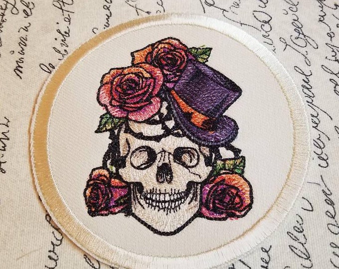 Skull with Roses Embroidered Patch - Handmade Iron On Applique