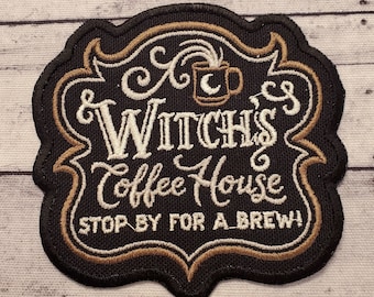 Witch's Coffee House Patch: Embroidered Iron-On Applique, Handmade USA