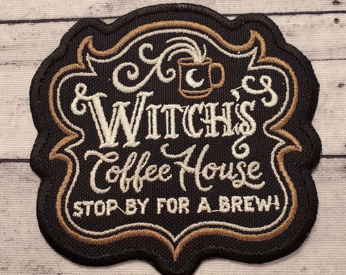 Witch's Coffee House Patch: Embroidered Iron-On Applique, Handmade USA
