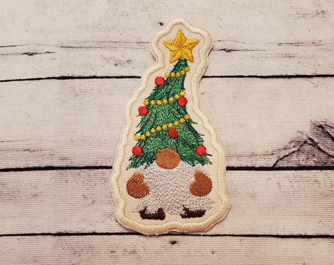 Christmas Tree Gnome Iron-On Patch Set: Handmade Embroidered Applique