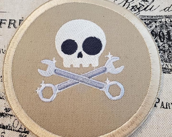 Skully Mechanic Embroidered Patch: Iron On/Sew On Applique
